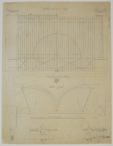 214400 Plattegrond en opstand van het ontwerp voor een tweedelig hek op de nieuwe brug bij de Tolsteegbarrière te ...
